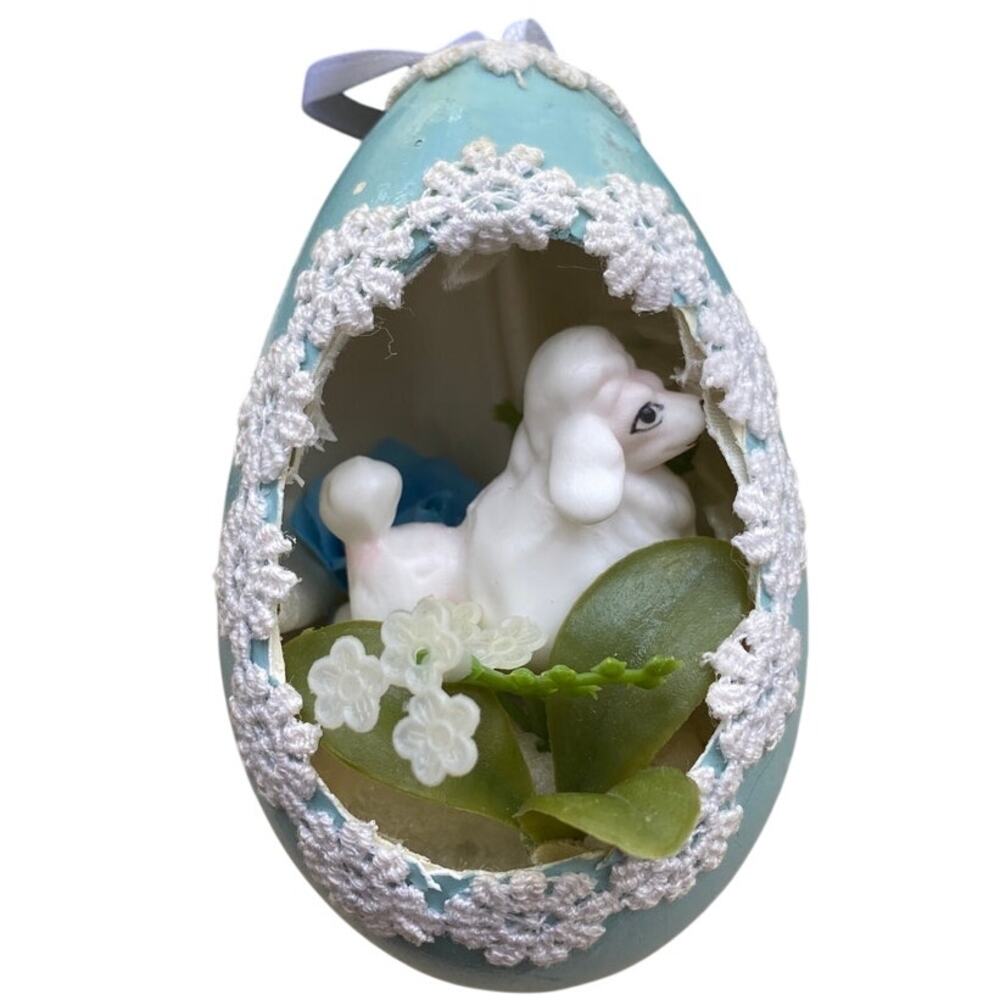Vintage Dog Poodle Easter Egg Diorama Ornament Lace Robin Egg Blue Handmade